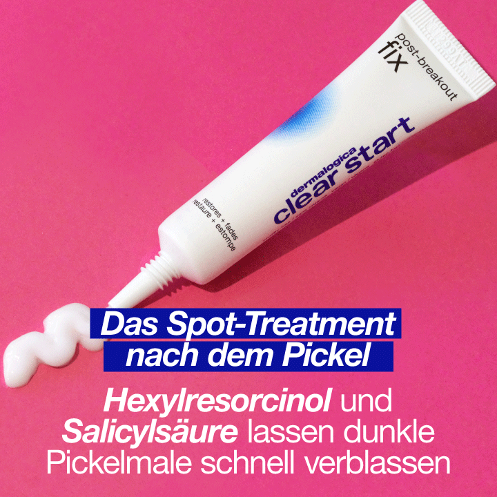 Eine Tube Breakout Clearing Booster + Post-Breakout Fix auf rosa Hintergrund enthält einen deutschen Text, der die Inhaltsstoffe und Wirkungen hervorhebt, ideal für eine schnelle Heilung oder als Lösung nach Ausbrüchen.