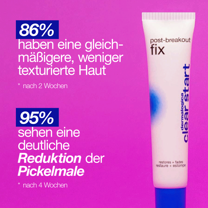 Ein Dermalogica Breakout Clearing Booster + Post-Breakout Fix befindet sich auf einem violetten und rosa Hintergrund mit deutschem Text, der die Hautpflegevorteile für Unreinheiten nach zwei und vier Wochen der Anwendung hervorhebt.