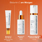 Bild von drei Dermalogica Biolumin-C-Produkten auf orangefarbenem Hintergrund: Augenserum, Gesichtsserum und der Biolumin-C Heat Aging Protector SPF 50 Review mit ThermaRadiance-Komplex. Beschreibungen auf Deutsch betonen die Rolle von Vitamin C für strahlende Haut.