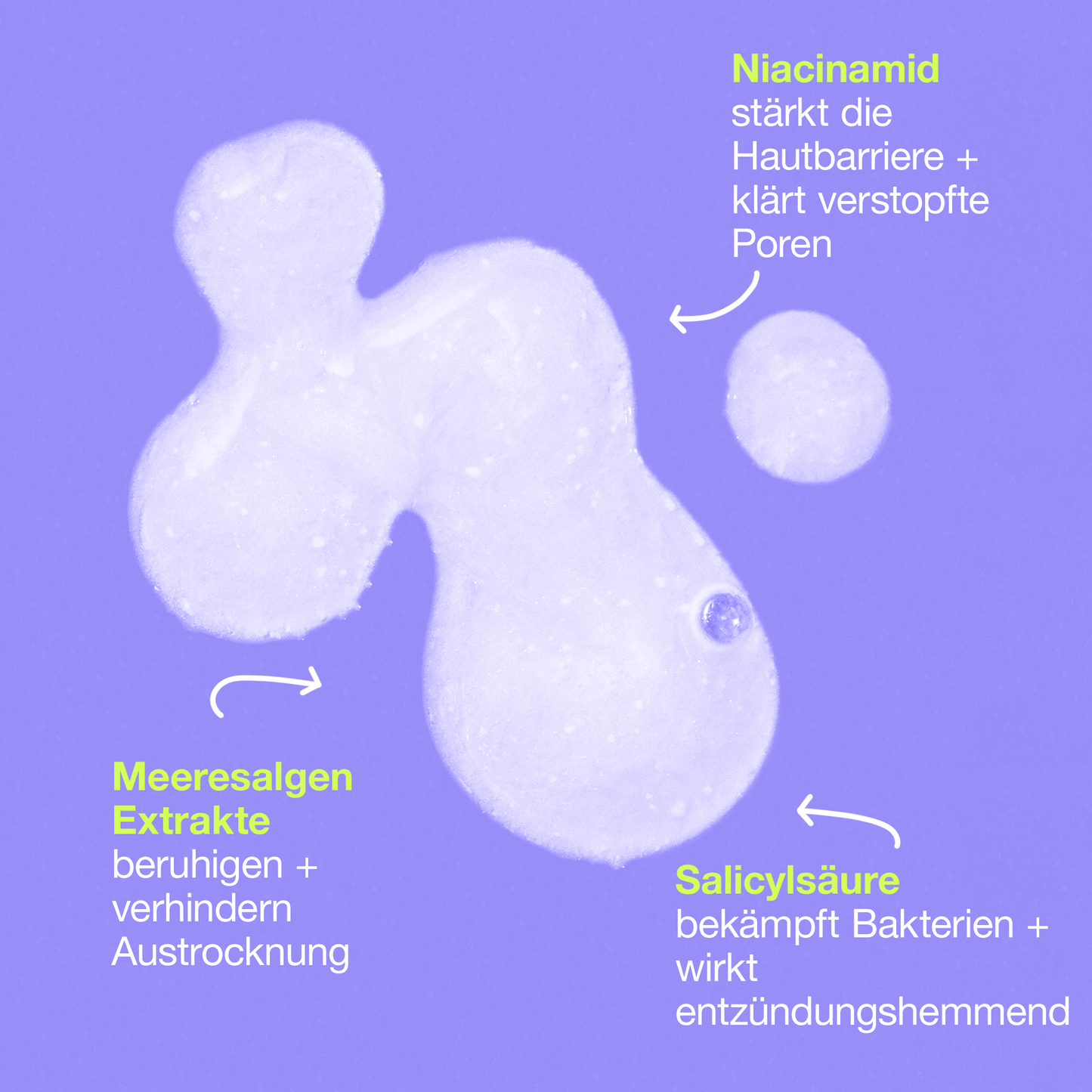 Der Breakout Clearing Booster + Post-Breakout Fix zeigt abstrakte Formen auf violettem Hintergrund mit deutschem Text, der Niacinamid, Algenextrakte und Salicylsäure hervorhebt. Diese Inhaltsstoffe sind ideal, um Unreinheiten zu behandeln und Ihre Haut nach einem Ausbruch effektiv zu regenerieren.