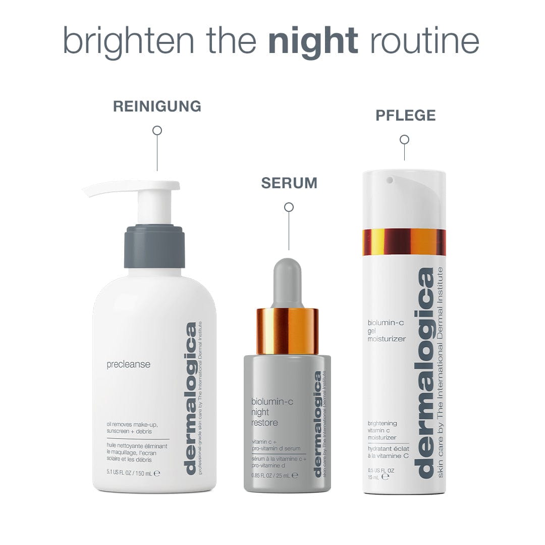 Biolumin-C Night Restore vorverkaufen | Vitamin-C Serum für die Nacht Hautpflegeprodukte: Precleanse, Biolumin-C Serum mit Pro-Vitamin-D-Komplex und Biolumin-C Gel Moisturizer auf weißem Hintergrund mit Text "brighten the night routine" und Etiketten "Reinigung" und " Pflege.