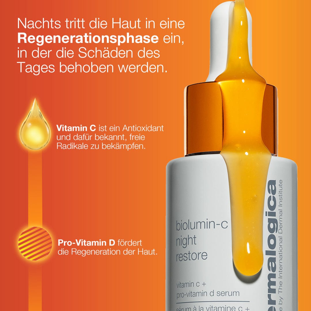 Bild einer Presell-Flasche Biolumin-C Night Restore | Vitamin-C-Serum für die Nacht mit orangefarbener Flüssigkeit. Der deutsche Text erklärt die Vorteile des Produkts und hebt Vitamin C als Antioxidans und den Pro-Vitamin-D-Komplex hervor, der die Hautbarriere stärkt und die Regeneration fördert.