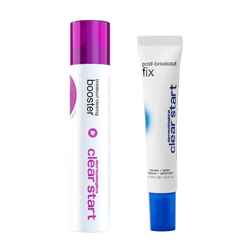 Zwei Hautpflege-Essentials mit der Bezeichnung „Clear Start“ von Dermalogica: Breakout Clearing Booster in einer Flasche mit lila Deckel und Post-Breakout Fix in einer Tube mit blauem Deckel eignen sich ideal zur effektiven Bekämpfung von Unreinheiten.