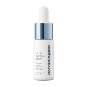 Eine weiße 10-ml-Flasche (0,34 US FL OZ) des Circular Hydration Serum | Feuchtigkeitsserum von Dermalogica, ausgestattet mit einer blauen Tropferkappe und mit Hyaluronsäure für anhaltende Feuchtigkeitsversorgung angereichert.