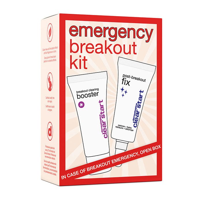 Emergency Breakout Kit mit zwei Hautpflegeprodukten, Breakout Clearing Booster und Post-Breakout Fix, in einer rot-weißen Verpackung.