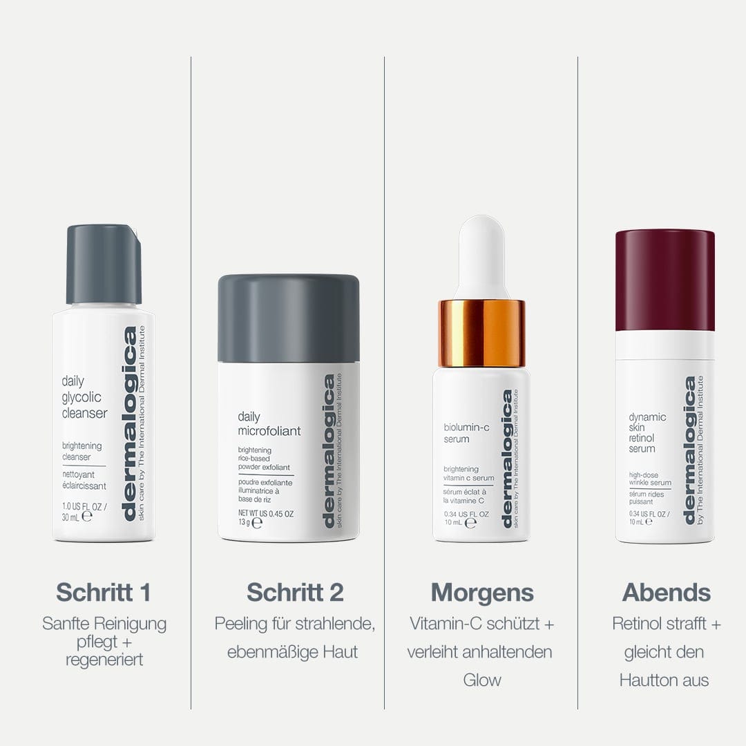 Das „Expertise on the go Set“ mit vier Bestsellern in einem kostenlosen Beutel enthält Dermalogica-Hautpflegeprodukte, die sich perfekt für die tägliche Routine eignen: Reinigung, Peeling, BioLumin-C Serum mit Vitamin C am Morgen und Dynamic Skin Retinol Serum für die Abendpflege. Ideal für Ihre Reise-Hautpflegeroutine. Beschreibungen werden auf Deutsch bereitgestellt.