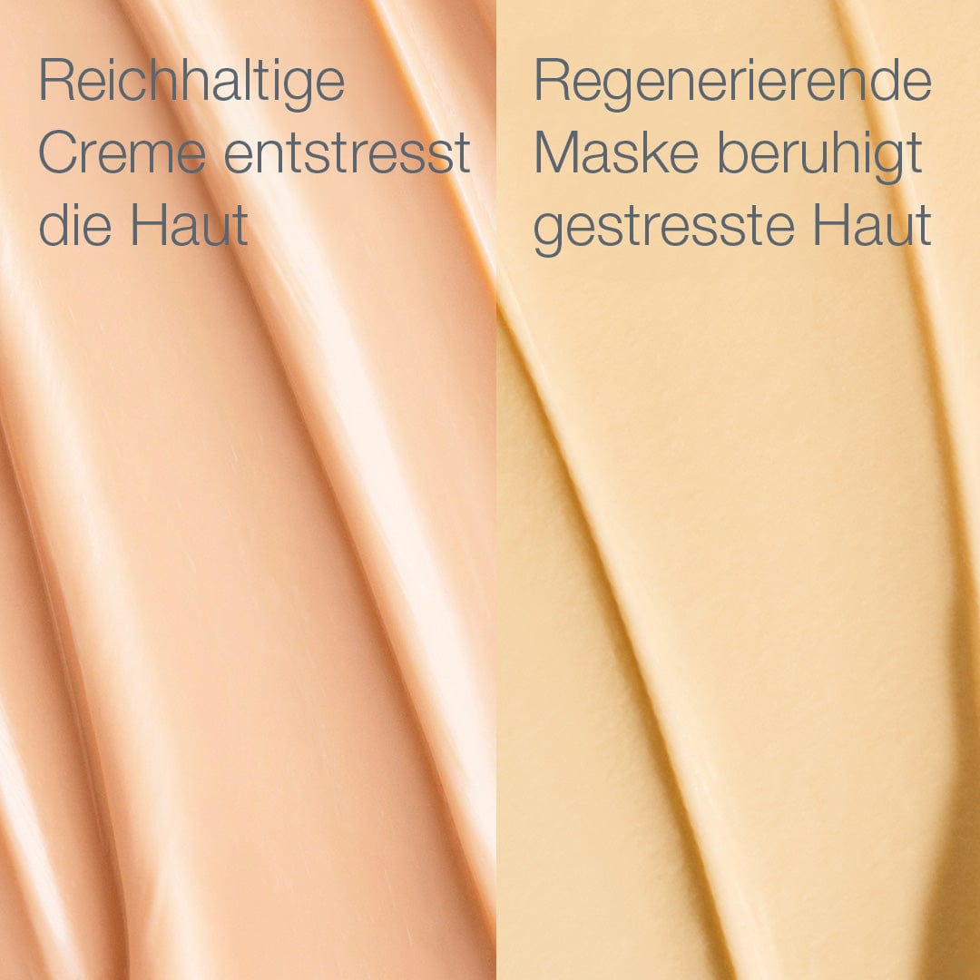 Nahaufnahme des Stressed Skin Recovery System | Vorteilsset präsentiert eine reichhaltige Creme, die die Haut entspannt, und eine regenerierende Maske, die gestresste Haut beruhigt. Die cremige Textur wirkt gezielt gegen feine Linien und sorgt für ein verjüngendes Erlebnis.