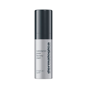 Die silber-schwarze Flasche MultiVitamin Power Recovery Cream Luxus-Probe, 0,17 fl oz (5 ml), ist elegant vor einem weißen Hintergrund präsentiert. Beachten Sie, dass dies KEIN VERKAUFSPRODUKT ist und nicht bestellt werden kann.