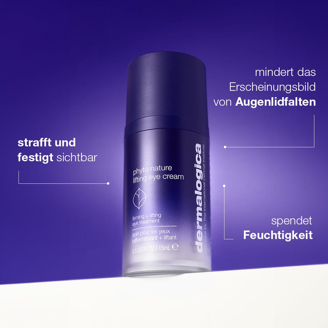 Ein Phyto Nature Lifting Eye Cream-Produkt vor violettem Hintergrund, auf Deutsch mit Vorteilen wie Feuchtigkeitsversorgung und Verringerung der Erscheinung von Augenlidfältchen gekennzeichnet, jetzt mit Anti-Aging-Hautpflege.