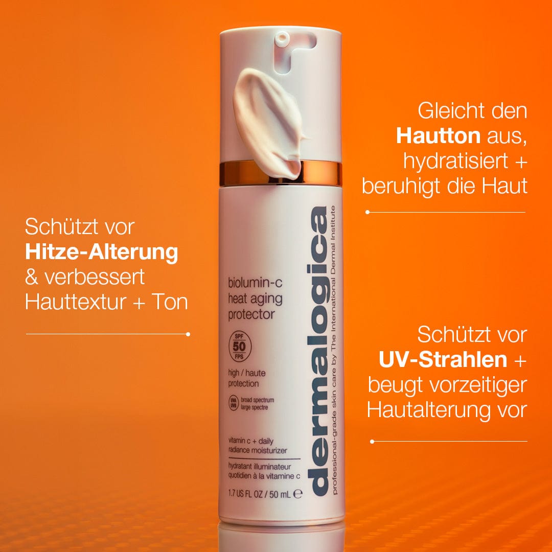 Orange Flasche Biolumin-C Heat Aging Protector SPF 50 vor orangefarbenem Hintergrund, die den ThermaRadiance-Komplex und Vitamin C für einen verbesserten Hautton, Feuchtigkeitsversorgung und UV-Schutz hervorhebt.