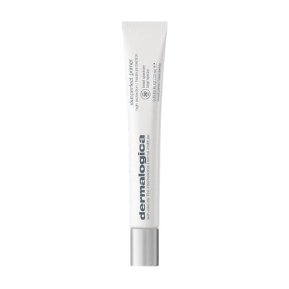 Eine weiße Tube mit der Aufschrift „Dermalogica SkinPerfect Primer SPF 30 22ml“ mit schwarzem Text und silberner Kappe, aufrecht stehend vor einem weißen Hintergrund, bietet sowohl Make-Up-Grundlage als auch UV-Schutz.