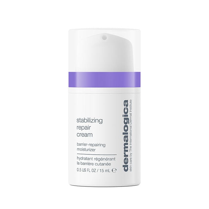 Eine weiße Flasche mit 15 ml Inhalt von Dermalogicas Stabilizing Repair Cream | Beruhigende Pflege mit violettem Band ist eine barrierereregenerierende Feuchtigkeitscreme, perfekt für empfindliche Haut. Sie enthält den Dermalogica Ceramid-Komplex und Cica für eine beruhigende Pflege.