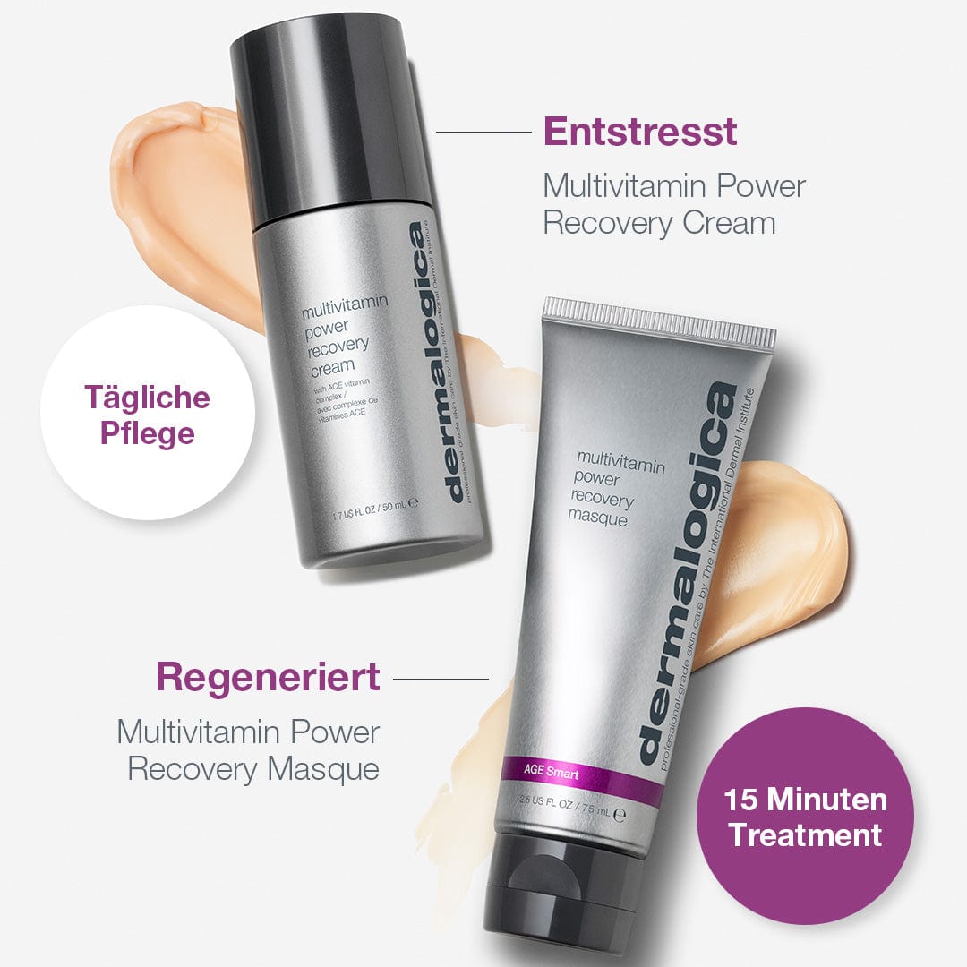 Zwei Dermalogica-Produkte wurden vorgestellt: eine Flasche Multivitamin Power Recovery Cream und eine Tube MultiVitamin Power Recovery Masque. Angereichert mit Vitamin E für Feuchtigkeitsversorgung und antioxidative Wirkung, betont die Beschreibung die tägliche Pflege und eine 15-minütige Behandlung.