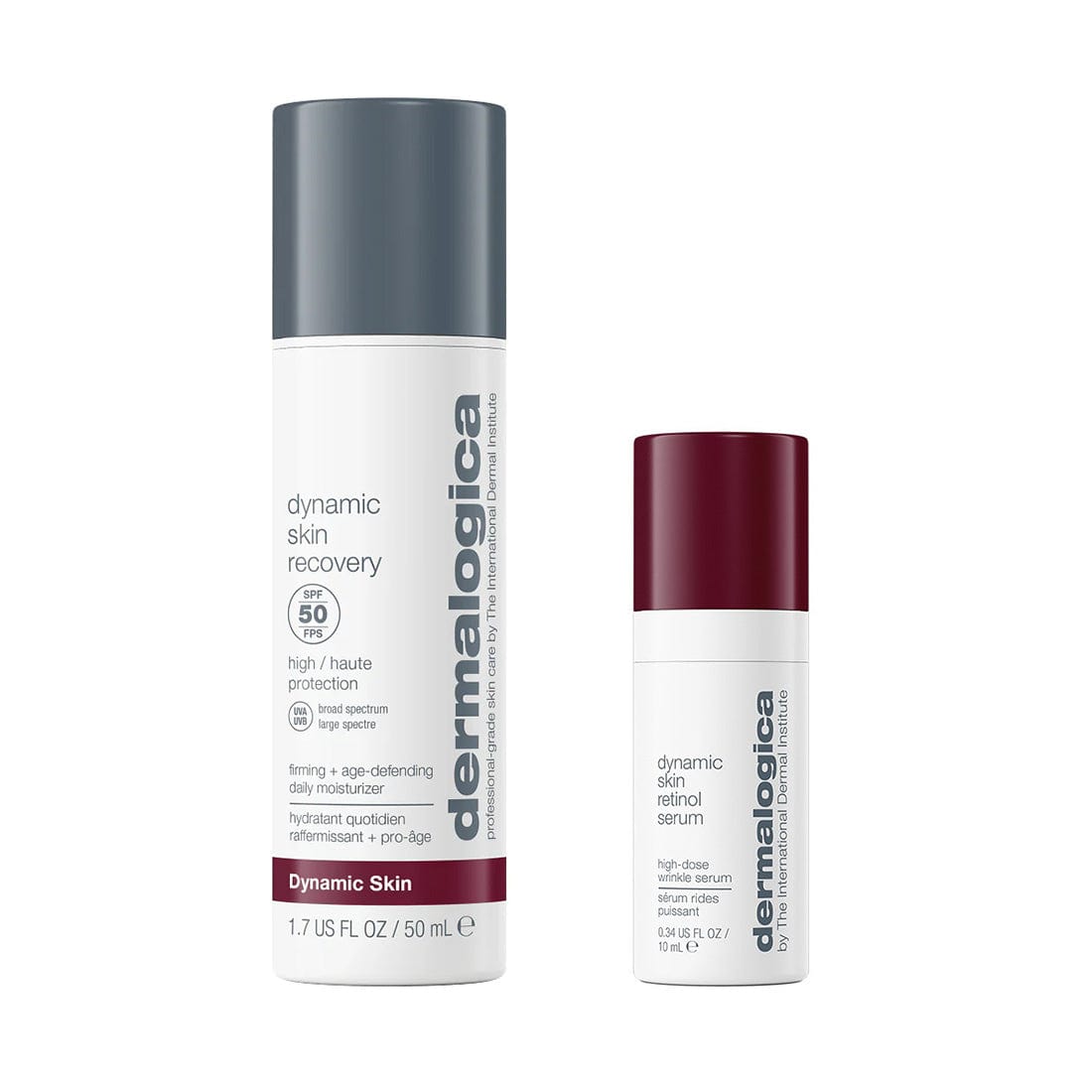 Das Dermalogica-Hautpflegeset enthält zwei Produkte: Links Dynamic Skin Recovery SPF 50 (1,7 FL OZ), ideal für die Anti-Aging-Tagespflege, und rechts ein kostenloses Dynamic Skin Retinol Serum (1 FL OZ). Beide Flaschen haben weiße Etiketten mit Text und Logos.