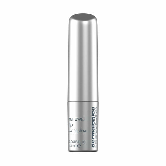 Eine silberne Tube Dermalogica Renewal Lip Complex (1,7 ml) steht auf einem weißen Hintergrund. Der mit Avocadoöl angereicherte Lippenbalsam zeigt den Markennamen und die Produktdetails deutlich auf seiner eleganten Verpackung.