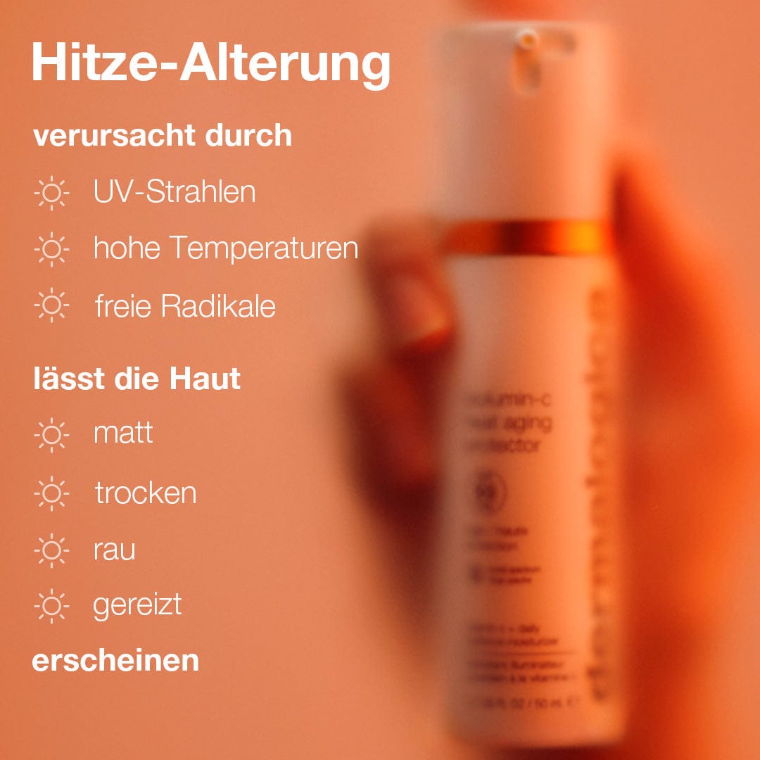 Entdecken Sie die hitzebedingten Alterungseffekte Ihrer Haut mit unserem deutschen Text, der die Vorteile von Vitamin C und LSF 50 hervorhebt. Der Testbericht zum Biolumin-C Heat Aging Protector LSF 50 enthält lebendige Bilder und eine orangefarbene Überlagerung, um den Schutz vor schädlicher Hitzeeinwirkung hervorzuheben.