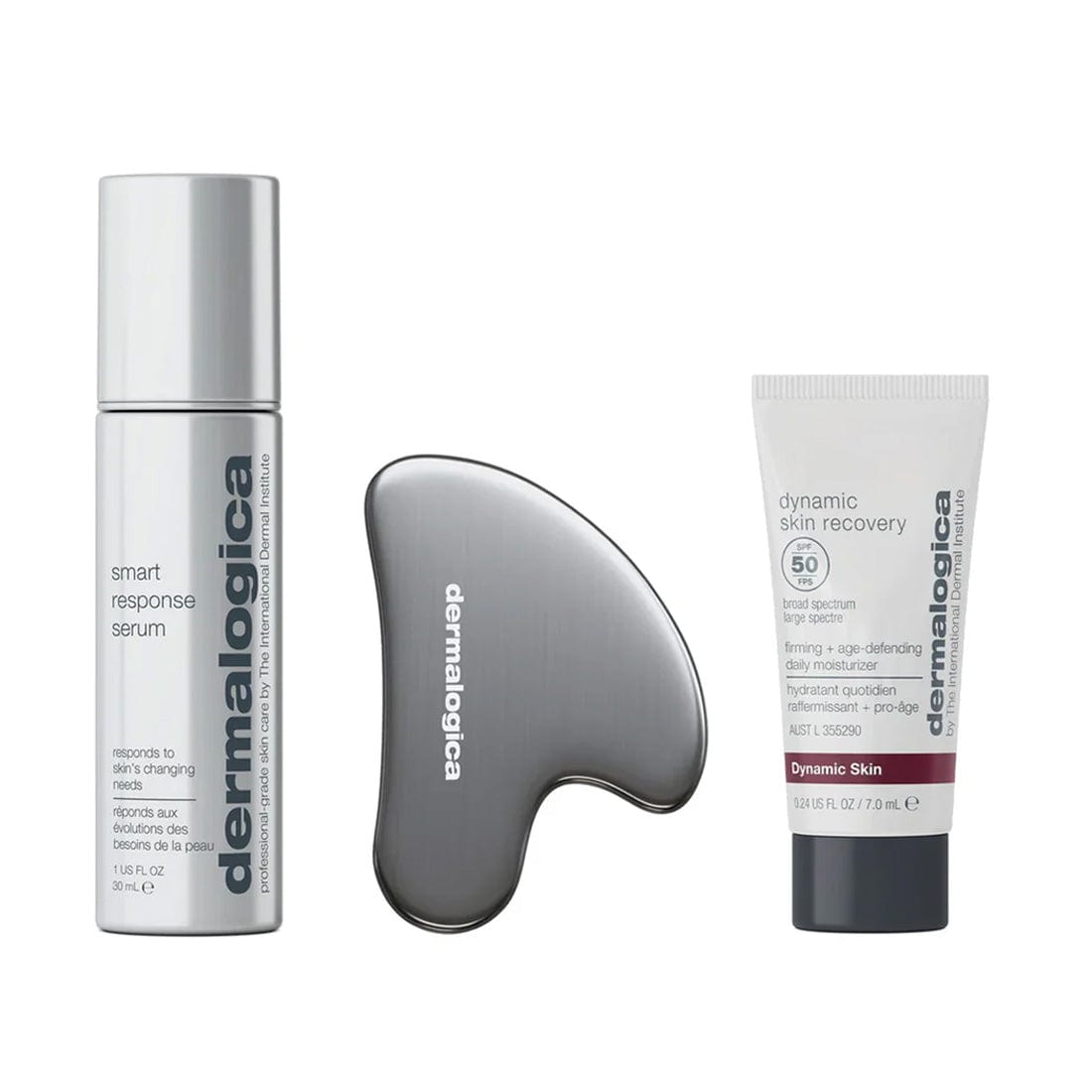 Drei Hautpflegeprodukte: eine Flasche „Smart Response Serum“ von Dermalogica, ein Dermalogica Gua Sha Stein-Tool und eine Tube „Dynamic Skin Recovery SPF50“ von Dermalogica.