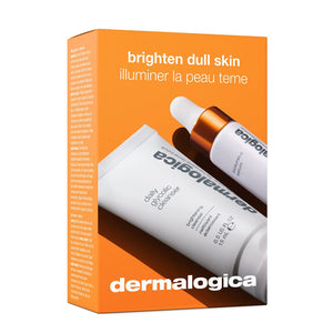 Orangefarbene Dermalogica-Box mit einem täglichen Glykol-Reinigungsmittel und BioLumin-C-Serum mit der Aufschrift „Brighten Dull Skin“ auf Englisch und Französisch.